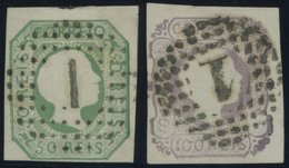 PORTUGAL 7a,8 O, 1855, 50 R. Gelbgrün Und 100 R. Lila, Nummernstempel 1, 2 Prachtwerte, Mi. 230.- - Other & Unclassified