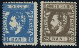 RUMÄNIEN 33/4 *, 1872, 10 Und 25 B. Fürst Karl I Mit Vollbart, Falzreste, 2 Prachtwerte, Mi. 115.- - Andere & Zonder Classificatie
