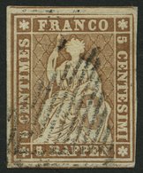 SCHWEIZ BUNDESPOST 13IIAyn O, 1855, 5 Rp. Braun, Gelber Seidenfaden, Berner Druck II, (Zst. 22C), Allseits Breitrandig K - 1843-1852 Federale & Kantonnale Postzegels