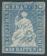 SCHWEIZ BUNDESPOST 14Ia O, 1854, 10 Rp. Preußischblau, 1. Münchner Druck, (Zst. 23Aa), Mit Klischeefehler (SH: KF 2.02), - 1843-1852 Federal & Cantonal Stamps