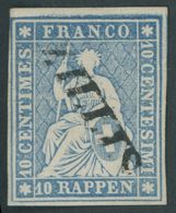 SCHWEIZ BUNDESPOST 14IIBym O, 1859, 10 Rp. Lebhaftblau, Berner Druck III, (SH-Nr. 23B4.a), Diagonaler L1 ZILLIS, Vollran - 1843-1852 Correos Federales Y Cantonales