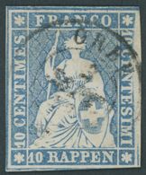 SCHWEIZ BUNDESPOST 14IIByo O, 1857, 10 Rp. Blau, Roter Seidenfaden, Berner Druck II, (Zst. 23Cc), Mit Druckabart Fehlend - 1843-1852 Federal & Cantonal Stamps