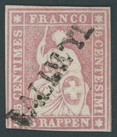 SCHWEIZ BUNDESPOST 15IIByp O, 1857, 15 Rp. Rosa, Blauer Seidenfaden, Berner Druck II, (Zst. 24D), L1 BALLWYL, Unten Besc - 1843-1852 Timbres Cantonaux Et  Fédéraux