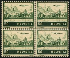 SCHWEIZ BUNDESPOST 389DP **, 1941, 50 C. Flugzeug über Landschaften, Doppelprägung, Im Viererblock Mit Normalen Marken,  - 1843-1852 Federal & Cantonal Stamps