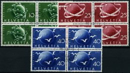 SCHWEIZ BUNDESPOST 522-24 VB O, 1949, UPU In Viererblocks Mit Zentrischen Ersttagsstempeln, Prachtsatz - 1843-1852 Federal & Cantonal Stamps