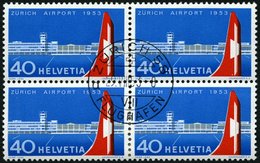 SCHWEIZ BUNDESPOST 585 VB O, 1953, Flughafen Zürich-Kloten Im Viererblock Mit Zentrischem Ersttagsstempel, Pracht - 1843-1852 Federal & Cantonal Stamps