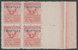 SPANIEN 443A VB **, 1930, 20 C. URGENCIA, Gezähnt K 13:121/2, Im Postfrischen Randviererblock, Pracht, Mi. (160.-) - Autres & Non Classés