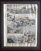 Das LECHTHAL, 6 Ansichten Auf Einem Blatt, U.a. Füssen, Lech, Lend, Kolorierter Holzstich Von 1890 - Lithographien