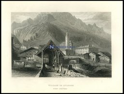 Dorf SPLÜGEN, Gesamtansicht Mit Dekorativer Personenstaffage Im Vordergrund, Stahlstich Von Bartlett/Wallis, 1836 - Lithografieën