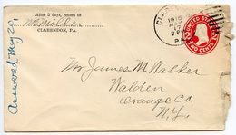 United States 1915 Scott U411 Postal Envelope Clarendon PA To Walden NY - 1901-20
