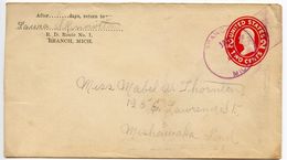 United States 1909 Scott U411 Postal Envelope Branch MI To Mishawaka IN - 1901-20
