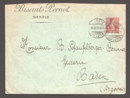1908   Privat Umschläg  Biscuits Pernot   - Genf Nach Baden  Helvetia Brustbild 10Rp Kruz Uber Wertschild 10 Rp - Entiers Postaux