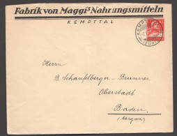 1917 Privat Umschläg   - Fabrik Von Maggi's Nahrungsmitteln  - Kemptal Nach Baden  Tellbrustbild 10Rp Rot - Entiers Postaux