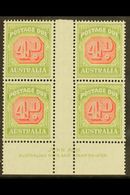POSTAGE DUE 1938 4d Carmine And Green, SG D116, JOHN ASH Imprint Gutter Block Of Four, Very Fine Mint. Superb. (4 Stamps - Sonstige & Ohne Zuordnung