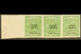 1877 Laid Paper 2d On 3d Yellow-green (as SG 32) IMPERF HORIZONTAL STRIP OF THREE, Ex Printer's Trials, Never Hinged Min - Fidji (...-1970)