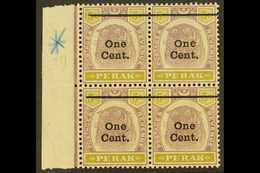 PERAK 1900 1c On 5c Dull Purple And Olive, Marginal Block Of 4, One Showing Variety "Antique E", SG 83, 83a, Very Fine M - Autres & Non Classés
