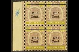 PERAK 1900 1c On 5c Dull Purple And Olive, Marginal Block Of 4, One Showing Variety "Antique E", SG 83, 83a, Very Fine M - Altri & Non Classificati