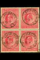 1902-10 5s Deep Bright Carmine, SG 264, Used BLOCK OF FOUR Each Stamp Cancelled By Very Fine Leicester Square Of 2 Nov 1 - Zonder Classificatie