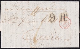 1839. LONDRES A CÁCERES. FECHADOR DE TRÁNSITO DE CALAIS. 1 CHELÍN Y 9Rs REALES NEGRO. AL DORSO FECHADOR. INTERESANTE. - ...-1840 Prephilately