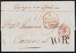 1842. LONDRES A CÁCERES. FECHADOR PAID DE SALIDA Y TRÁNSITO POR CALAIS. 1 CHELÍN Y 10Rs. AL DORSO FECHADOR Y TRÁNSITO. - ...-1840 Vorläufer