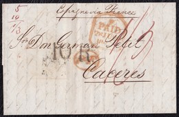 1843. LONDRES A CÁCERES. FECHADOR PAID, 1/3 CHELINES/PENIQUES, 10Rs. AL DORSO TRÁNSITO POR BAYONA, FECHADOR Y ETIQUETA. - ...-1840 Precursori