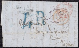 1856. NEW YORK TO CADIZ. UNFRANKED FOREIGN LETTER WITH INTERESTING POSTMARKS. - …-1845 Prephilately