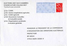 PAPREPONSE TSC "ELECTIONS 2007 CHAMBRES D'AGRICULTURE" Avec Timbre "Marianne De Lamouche/Phil@poste" - Prêts-à-poster: Réponse /Lamouche