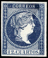 69 Ed. Año 1859 NO EMITIDO. 12 Cuartos Ensayo Color Azul Oscuro (Galvez 212) Lujo. Escaso. - Usati