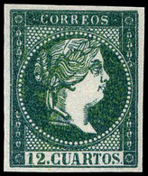 70 Año 1859 NO EMITIDO. 12 Cuartos Ensayo Color Verde Negro (Galvez 214) Lujo. Escaso. - Usati