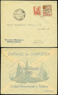 515 Ed. 823+local - 1937. “Santiago 16/IV/37” A Vigo Con Publicidad Al Dorso “Año Santo 1937” Muy Bonita. Ex Aracil - Unused Stamps