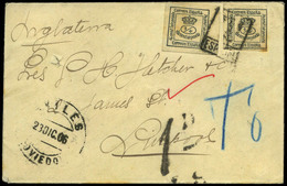 566 Ed. 173(2 Cuartillos) 1906. Avilés A Inglaterra. Los Sellos Son Matasellados Con “T-Espagne” + “T-6” - Lettres & Documents