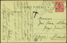 587 T.P. 1918. De Marruecos Francés A Alicante. Marca “T” A La Llegada. - Lettres & Documents