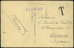 592 T.P. 1921. De Belgica (Amberes) A España (Alicante). Marca “T” Lujo. - Lettres & Documents