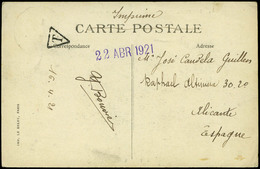 596 T.P. 1921. De Francia A Alicante Con Marca “T” En Triangulo - Storia Postale
