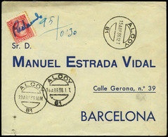 601 Ed. 687 1936. De Alcoy A Barcelona. Fechadores De Salida Días 15,16,19 En Alcoy - Lettres & Documents