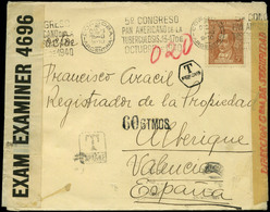 604 1941. De Argentina A Valencia. Lleva 4 Marcas De Tasas Diferentes + 2 Censuras - Storia Postale