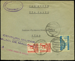 696 Ed. 823(2)+Local 1937. Cda Via Cádiz De Palma 13/IV/37 A Vigo + C.M. Y Marca “Por Avión Hasta Cádiz” - Lettres & Documents