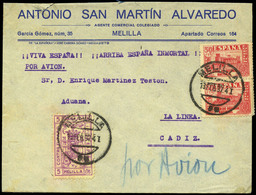 697 Ed. 823(2)+Local Melilla. Cda De Melilla A La Linea (Cádiz) Por Avión (manuscrito). Dorso Llegada 16/2/37. Preciosa - Storia Postale