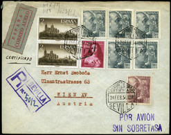 701 Ed. 1128(2)+1129+1053/5 - 1954. “Certificado-Sevilla 24/02/54” Y Marca “por Avión Sin Sobretasa” - Storia Postale