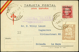 964 Ed. TP +Pontevedra 27+Local - 1937. Tarjeta Patriótica Cda Con Sello Patriótico Y Local A Holanda - Covers & Documents