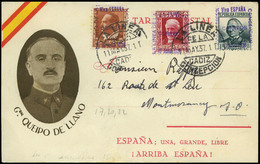 969 Ed. TP 17-20-22 La Linea. 1937. Tarjeta Patriótica “Gral. Queipo De Llano” Cda Desde “La Linea 11/03/73” A USA - Brieven En Documenten