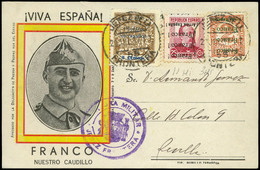 971 Ed. TP 11Hi+3Hi+local - Jerez. 1937. Tarjeta Patriótica Cda De Jerez Con Sellos Sobrec. Invertida A Sevilla - Covers & Documents