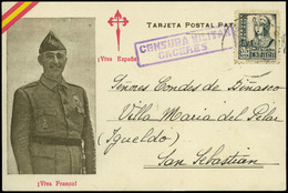 973 Ed. TP 820 - 1937. Tarjeta Patriótica De “Cáceres 25/06/37” A S. Sebastian. Lujo - Cartas & Documentos