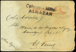 1012 Soria. Carta Cda Con Marca Ovalada “Aerodromo De Barahona (Soria) + Censura Militar Almazan, Cda A  El Ferrol. 1938 - Covers & Documents