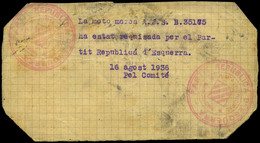 1032 1936. “La Moto Marca......... Ha Estat Requisada Per El Partit Republicá D’esquerra 16/Ag/1936 Pel Comité.....” - Storia Postale