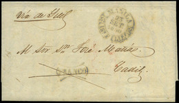 1077 1850. Carta Cda De Manila A Cádiz (via Suez) Con Baeza “Manila” + Marca “Franco” En Color Azul. Lujo 23/Set/1850 - Filippine