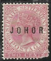 MALAYA JOHORE MALESIA 1884 1886 JOHOR OVERPRINTED SOPRASTAMPATO TWO CENTS 2c MH - Johore