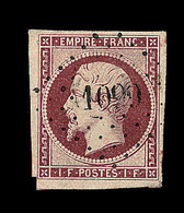 O N°18 - 1F Carmin - Obl. PC 1009 - Coin SO Filet Non Touché - TB - 1853-1860 Napoléon III