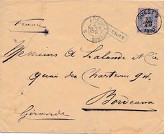 Lettre Ouest Griffe Mouscron Ambulant Arras A Paris Pour Bordeaux - 1883 Leopoldo II