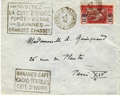 1935- Enveloppe De GRAND-BASSAM  Affr. 50 Pour Paris  - Avec 2 Pubs  Pour La Côte D'Ivoire - Lettres & Documents